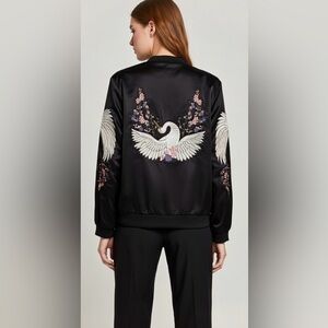 ZARA Black Floral Crane Embroidered Appliques Zip Jersey Jacket Bomber